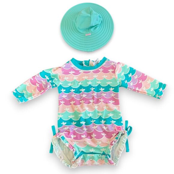 RuffleButts Mermaid Rash Guard Swimsuit 3-6 Months with Island Blue Hat UPF 50+